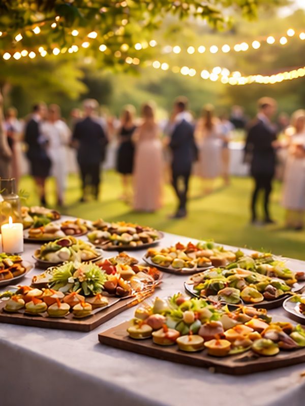 Festlich gedeckter Tisch mit einer Vielzahl von Fingerfood auf einer Gartenfeier.