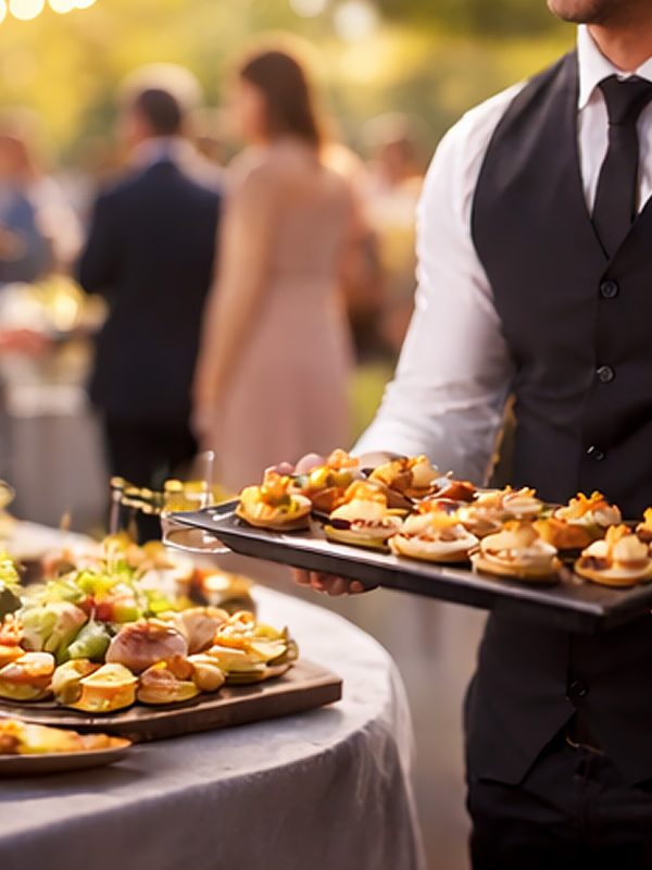 Ein Kellner serviert Häppchen auf einem großen Tablett bei einer Veranstaltung im Freien.