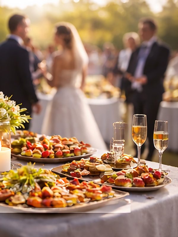 Hochzeitsbuffet mit vielfältigen Speisen und Sektgläsern im Freien.