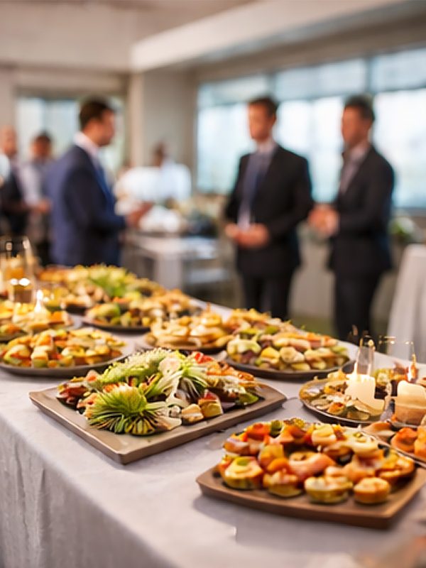 Ein Buffet mit verschiedenen appetitlichen Häppchen und Salat, im Hintergrund Gesprächsrunde.